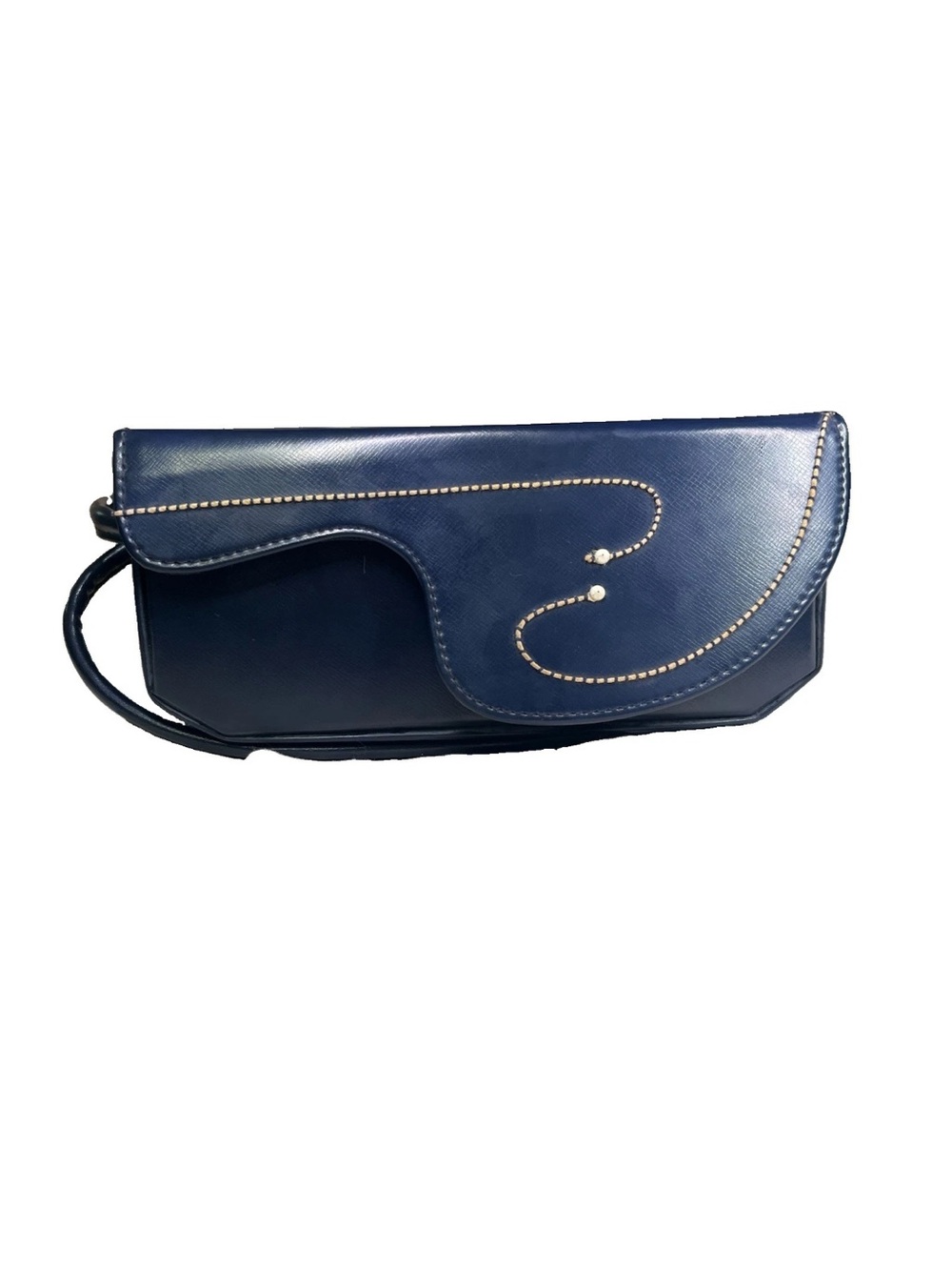 Vintage MCM Navy Blue Embroidered Structured Leather Train Case/ Clutch Purse